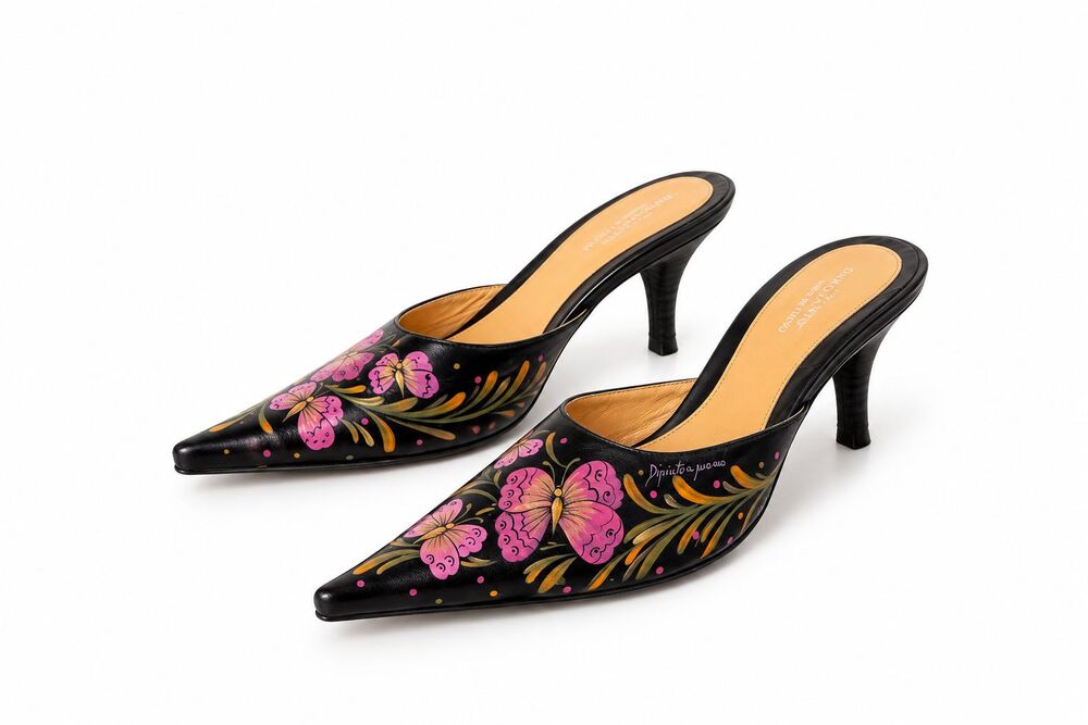 Paolo Iantorno Black Leather Hand Painted Butterfly Mules Women 40 Italy Y2K